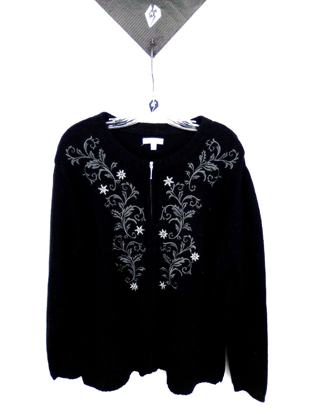 Croft & Barrow Women's Grandma Embroidery Snowflakes Black Zip Up Sweater XL